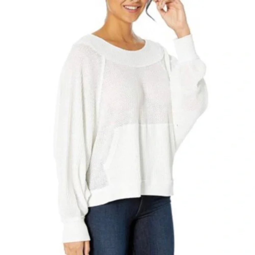 We The Free White V Back Thermal Waffle Knit Top, size Small